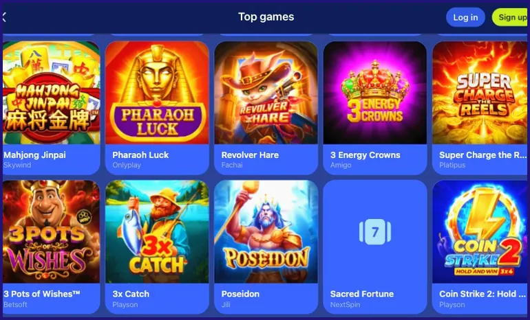 More slot tiles from the top list Second top games grid with slot tiles such as Mahjong Jinpai, Pharaoh Luck, Revolver Hare, 3 Energy Crowns, Poseidon and Coin Strike 2