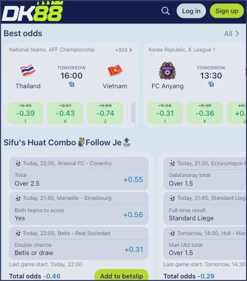 Featured football odds buttons DK88 Casino sports tab with featured football games, three outcome odds buttons for each and a combo bets area