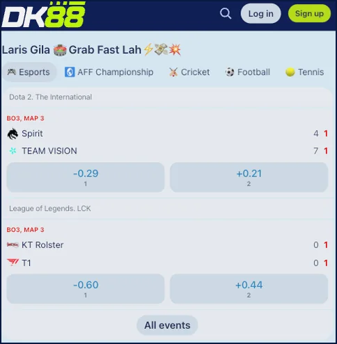 E-sports matches with odds E-sports odds with two-way odds buttons and an All events button