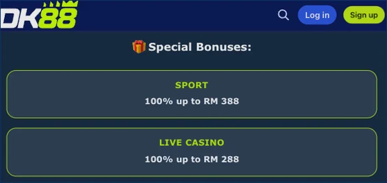 DK88 Casino special bonuses panel with two cards: a sport offer of 100% up to RM 388 and a live casino offer of 100% up to RM 288