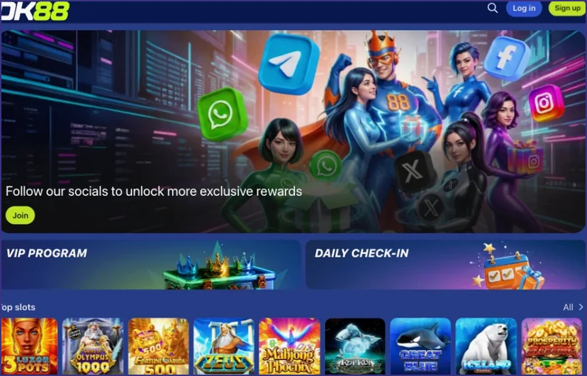 Home screen banner inviting players to follow our social channels, with the VIP Program and Daily Check-In tiles and a Top slots row