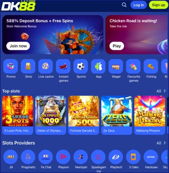 Tangkapan skrin paparan utama aplikasi dengan sepanduk besar bonus deposit 588% dan bulatan akses pantas untuk Promosi dan Kasino langsung