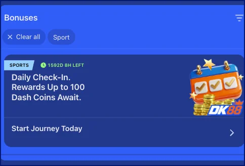 Skrin bonus DK88 Casino dengan kad Daily Check-In yang menjanjikan sehingga 100 Dash Coins sebagai ganjaran