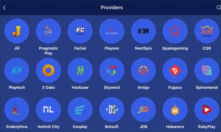 Providers screen with a wide grid of round studio logos, including Jili, Pragmatic Play, Playson, NextSpin, Spadegaming, Playtech, 3 Oaks and Hacksaw