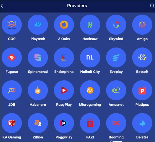 DK88 Casino providers view with four rows of circular logos, starting with Jili and Pragmatic Play and reaching Microgaming and Amusnet